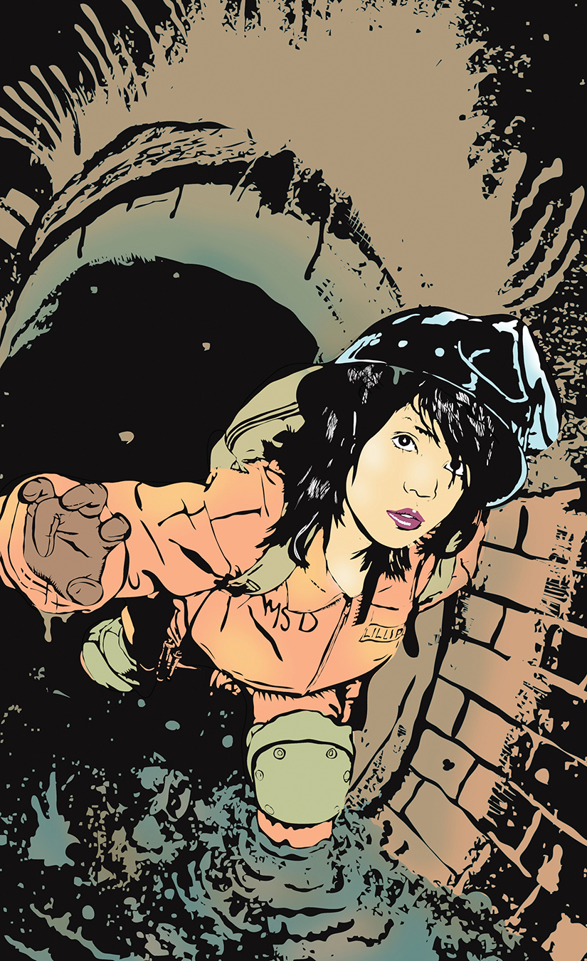 A woman with black hair and a helmet looks up from a tunnel opening, reaching out with her hand.