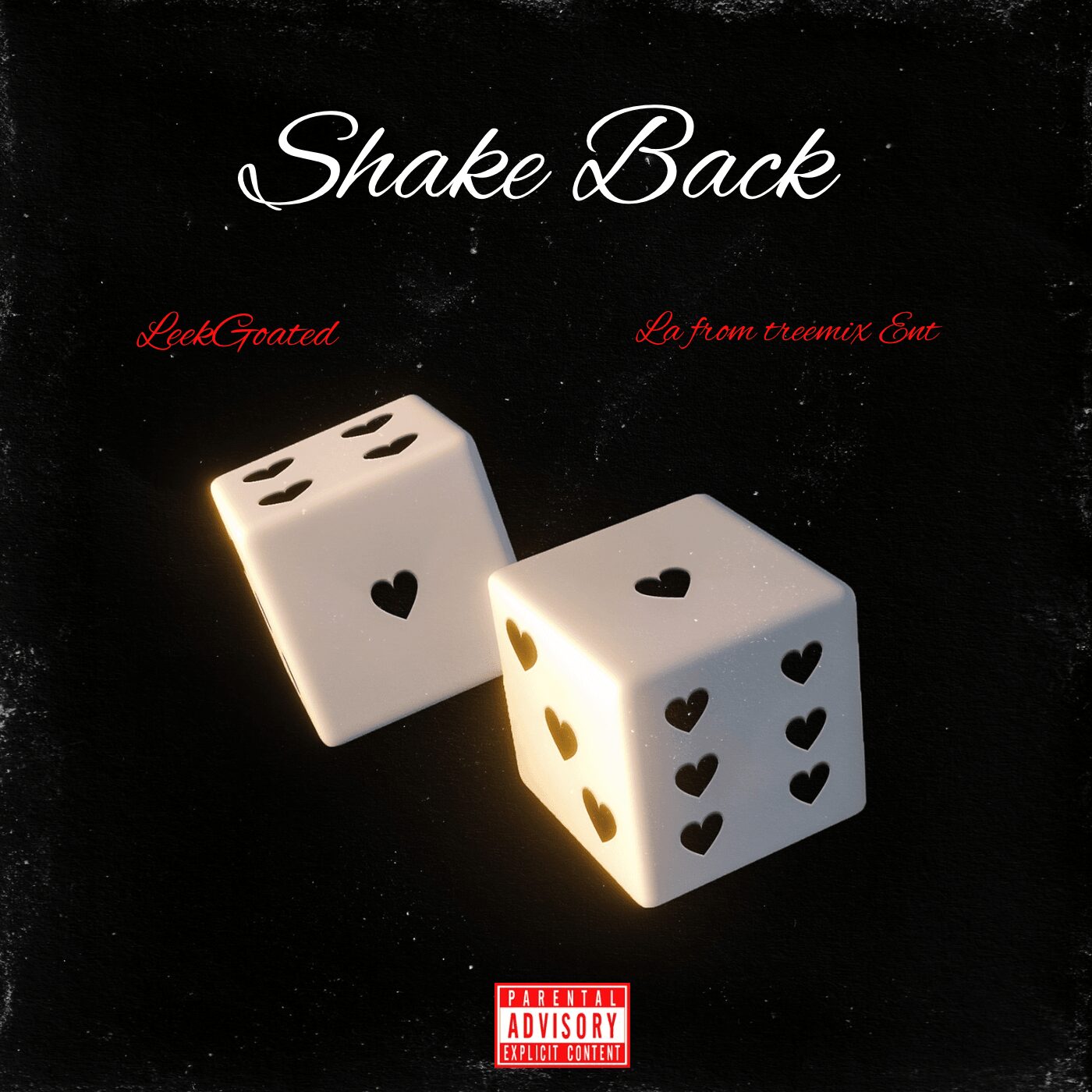 Two white dice with black hearts on a black background, with text 'Shake Back' above and red parental advisory label below.