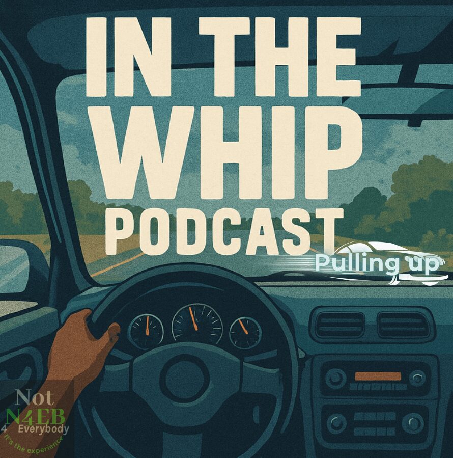 Podcast cover with a car dashboard and steering wheel, titled 'In the Whip Podcast,' with a hand on the steering wheel.