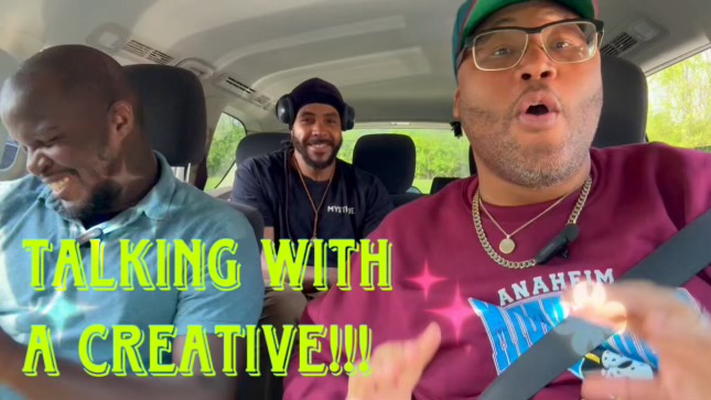 Three men sitting in a vehicle, smiling and talking, with text saying 'TALKING WITH A CREATIVE!!' in bright yellow and blue letters.
