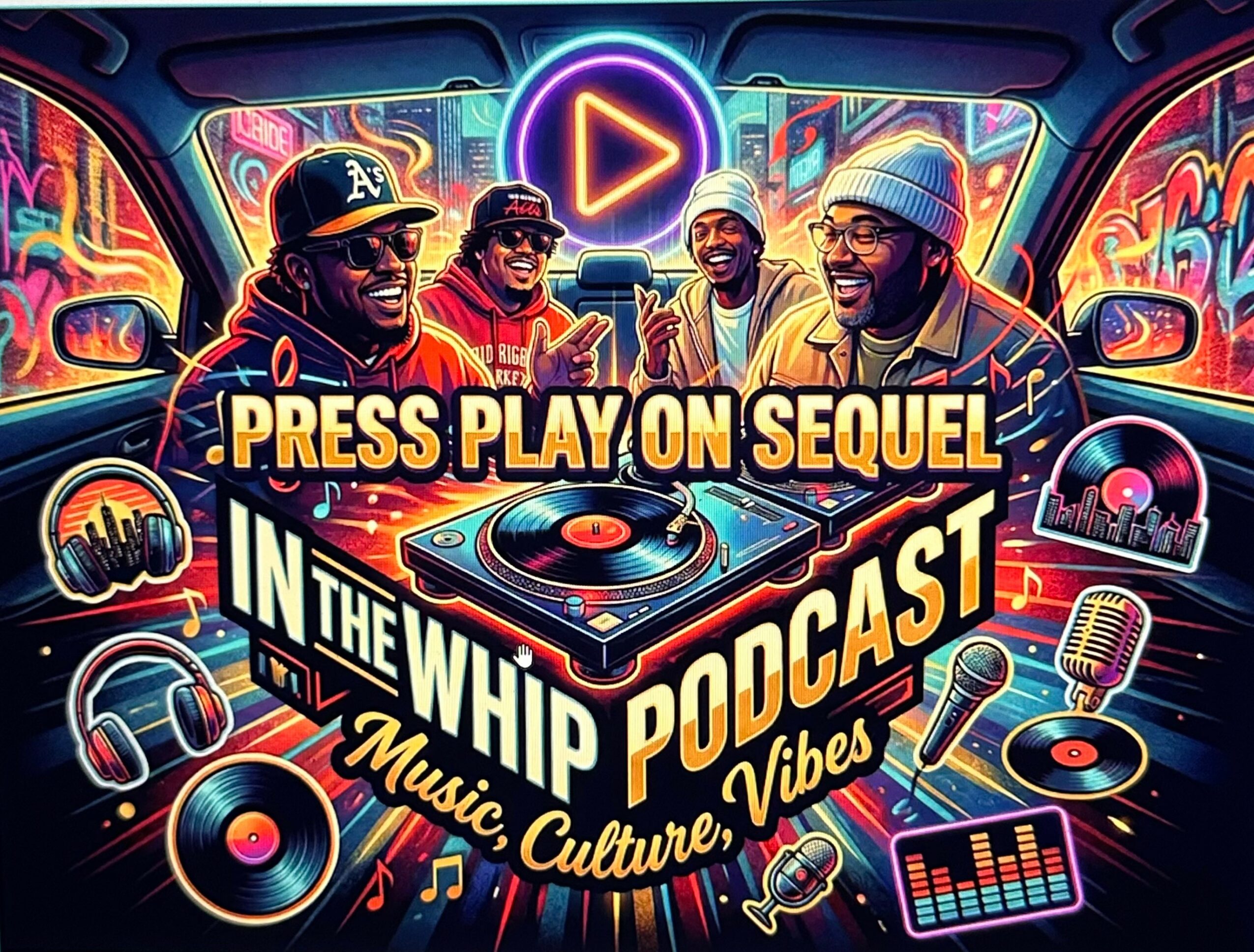 Four people in a colorful, neon-lit room with DJ equipment, microphones, and music icons, promoting a podcast about music and culture.