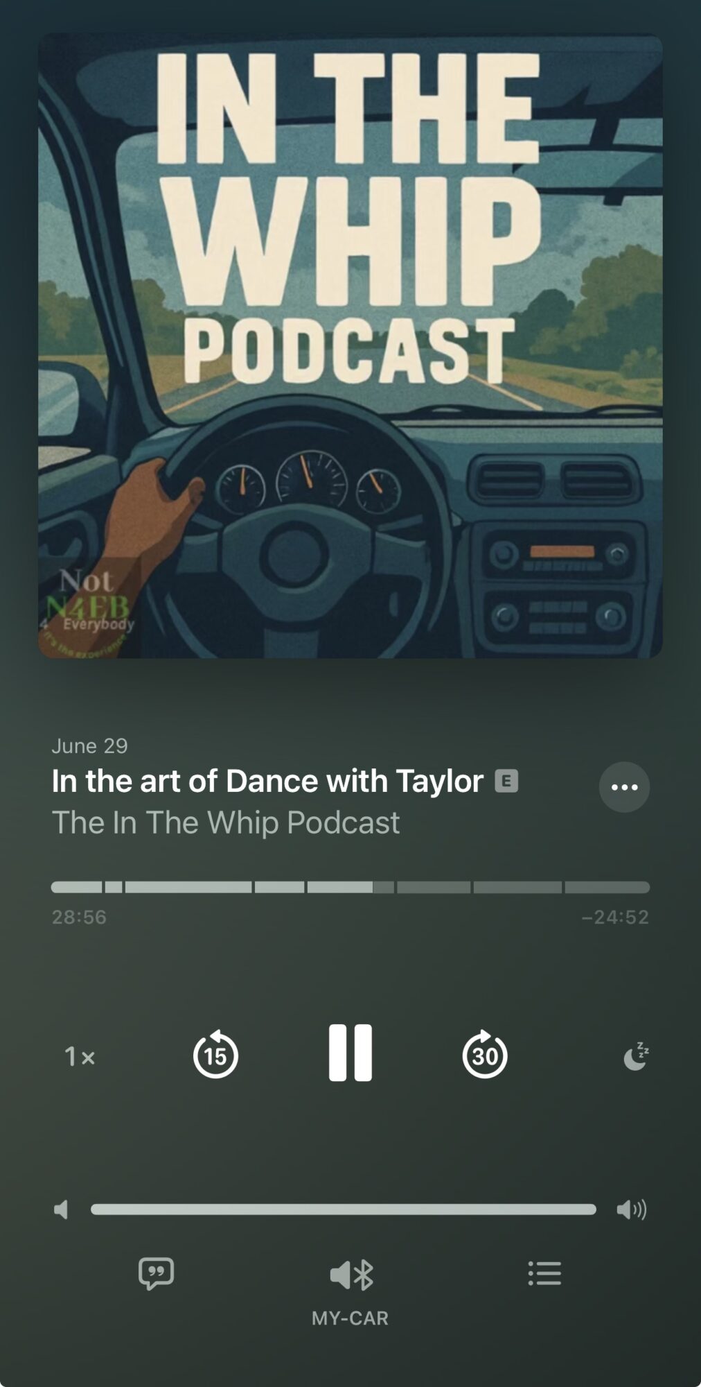 Podcast app screen showing episode titled 'In the art of Dance with Taylor' from 'In The Whip Podcast' with playback controls.