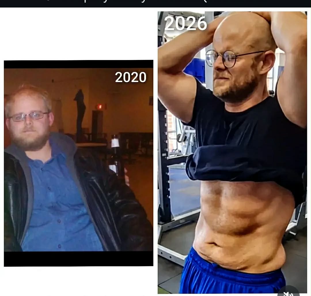 Comparison of a man's transformation over years, showing progress from 2020 to 2026, with visible muscle development and fitness changes.