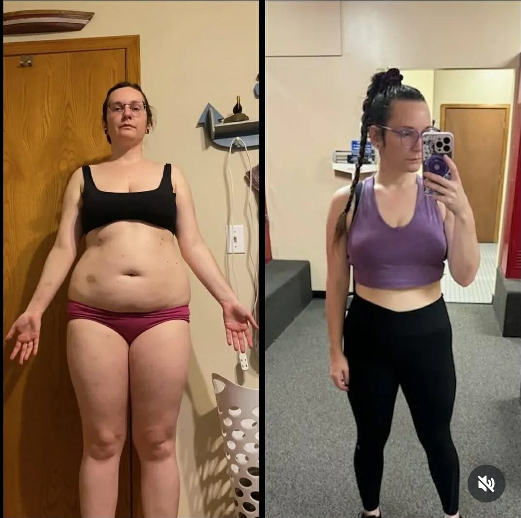 Side-by-side photos of a woman before and after weight loss, taking mirror selfies indoors. She wears a black top and maroon shorts in the first, purple sports bra and black leggings in the second.