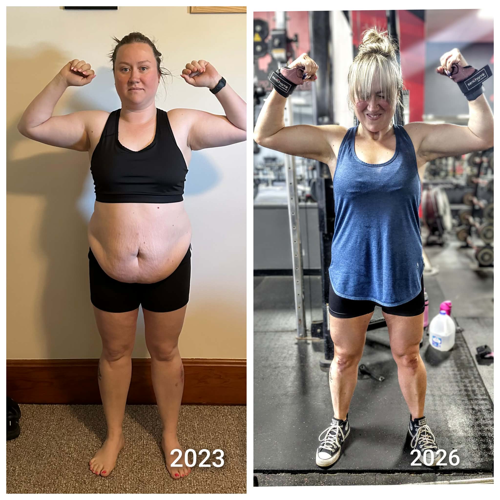 Side-by-side comparison of a woman before and after fitness journey, flexing her arms, in casual workout clothing, in different settings.