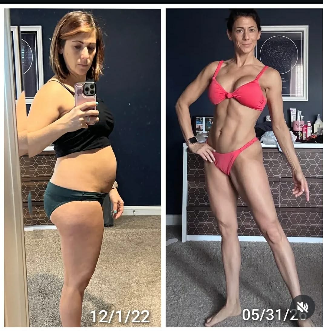 Side-by-side comparison of a woman before and after fitness transformation, showing weight loss and muscle toning, in different outfits.