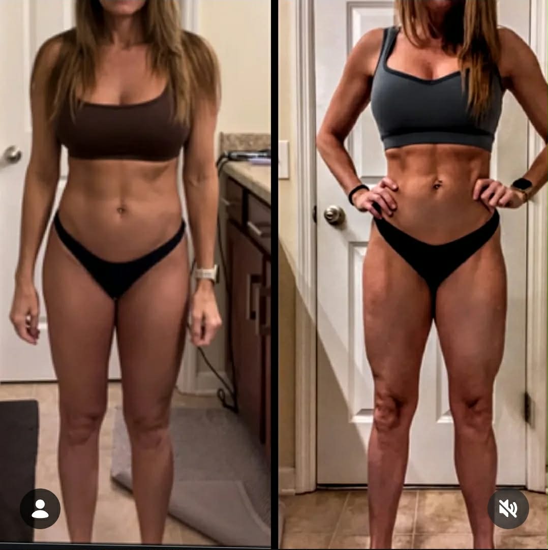 Side-by-side comparison of a woman before and after fitness transformation, showing muscle tone and body changes.