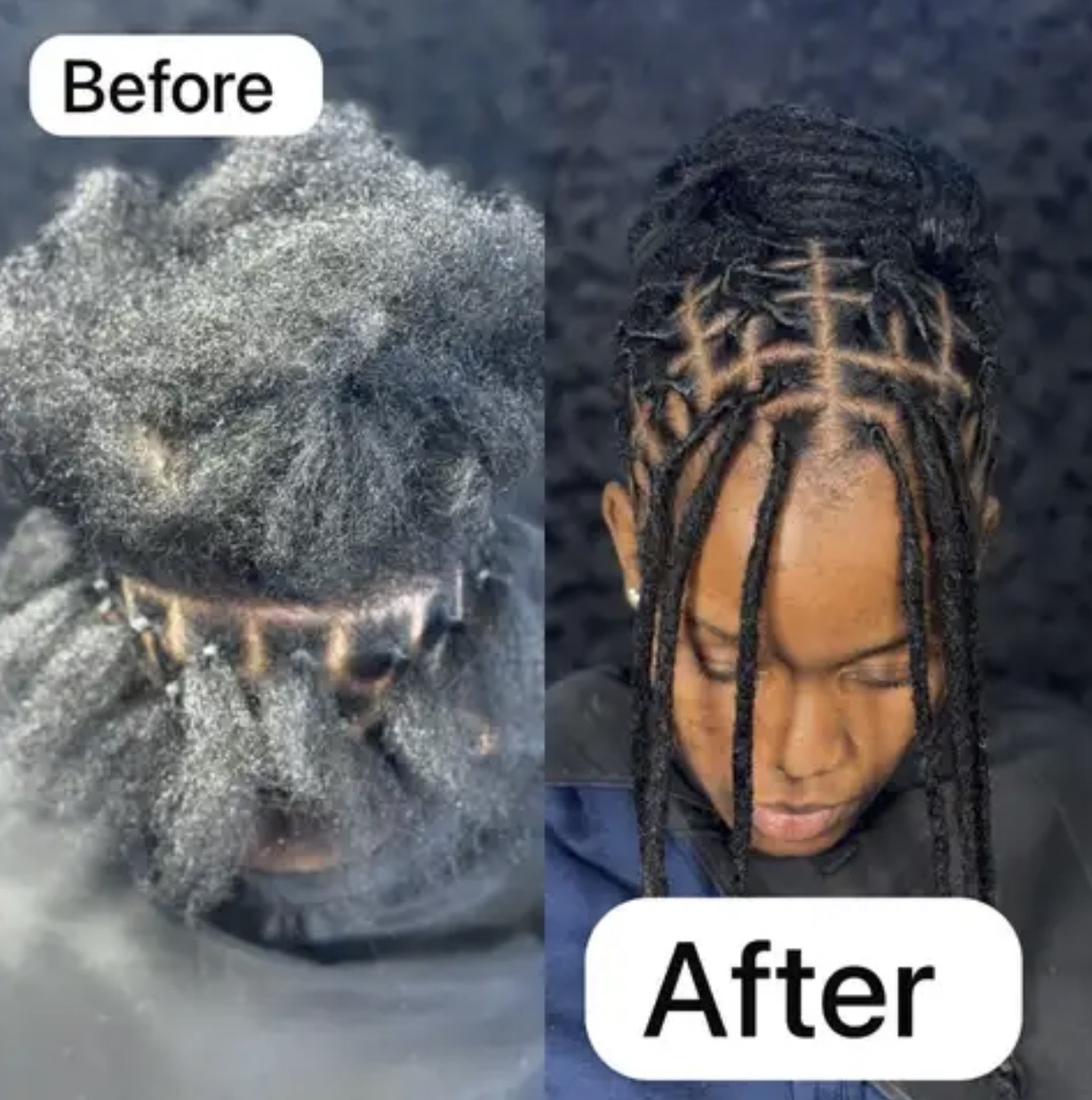 Side-by-side images showing hair transformation, with the left labeled 'Before' and the right labeled 'After'.