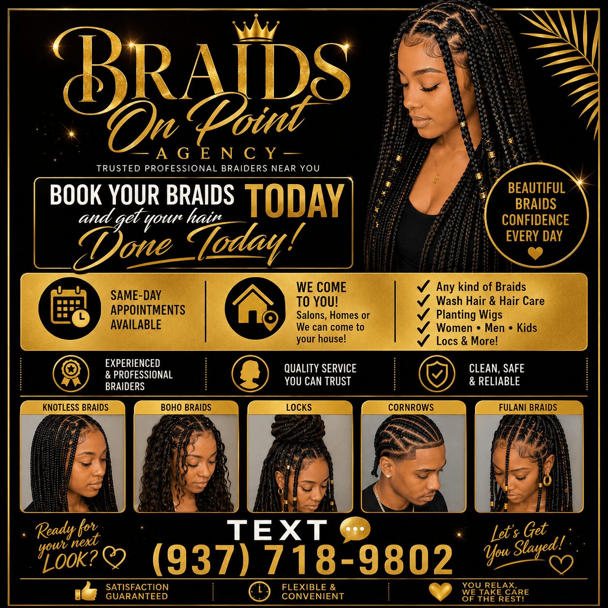 Advertisement for braiding salon featuring a woman with braided hair, promotional offers, and contact information.