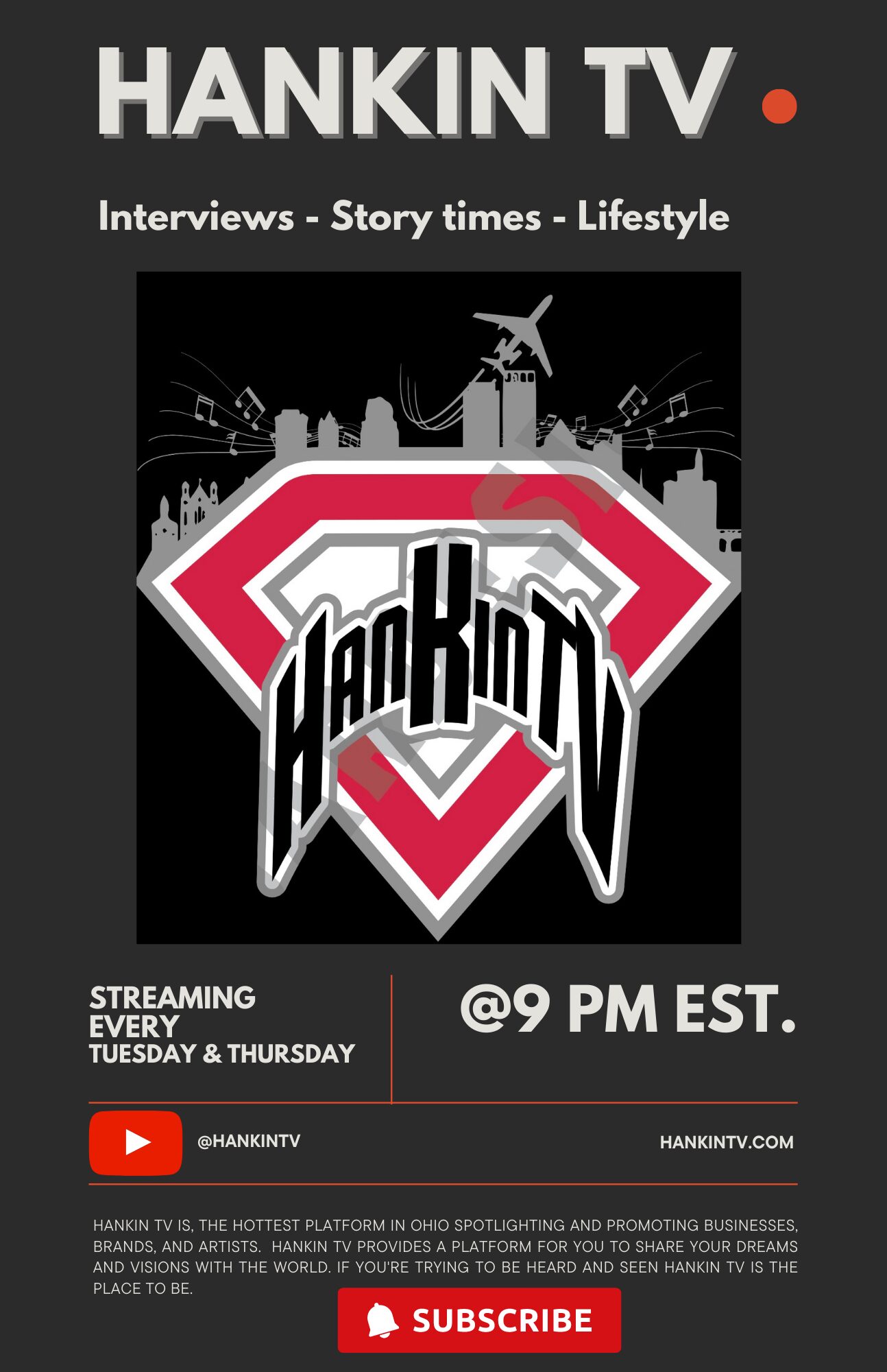 Cover of Hankin TV magazine featuring a city skyline, a superhero emblem, and text about streaming and showtimes.