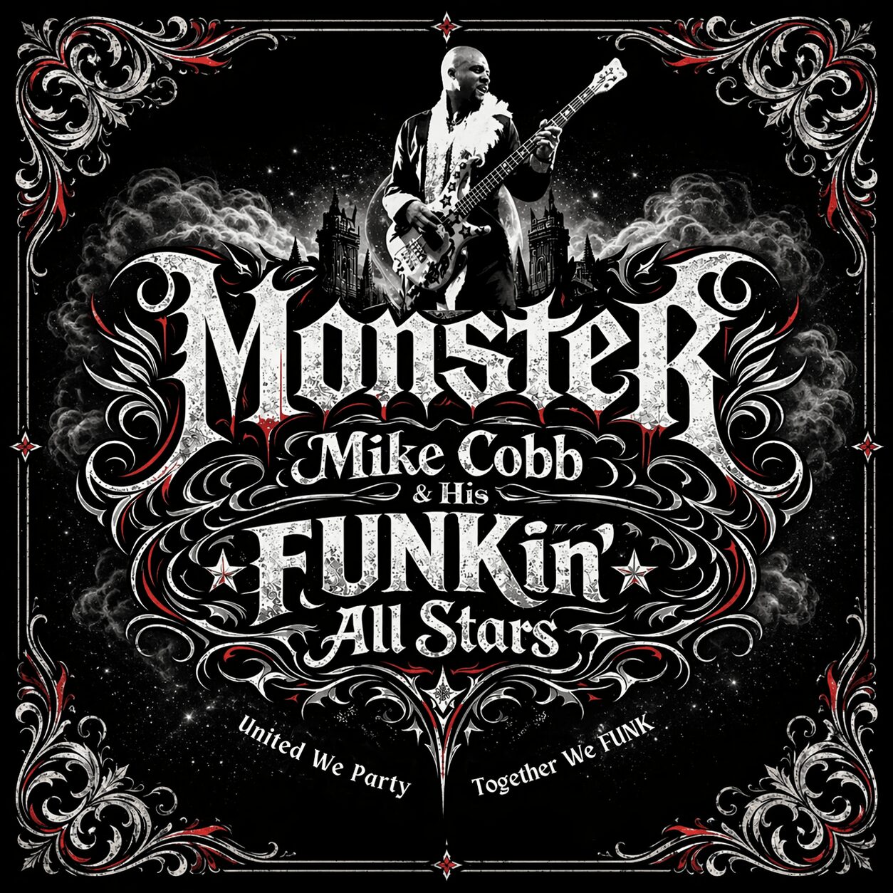 Black and white poster featuring a musician with a guitar, ornate border, and text about Mike Cobb and funk music.