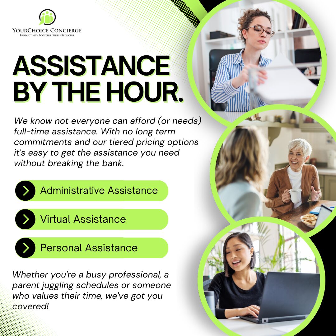 Flyer offering assistance services with images of people using computers and talking, green highlights, and text about support options.