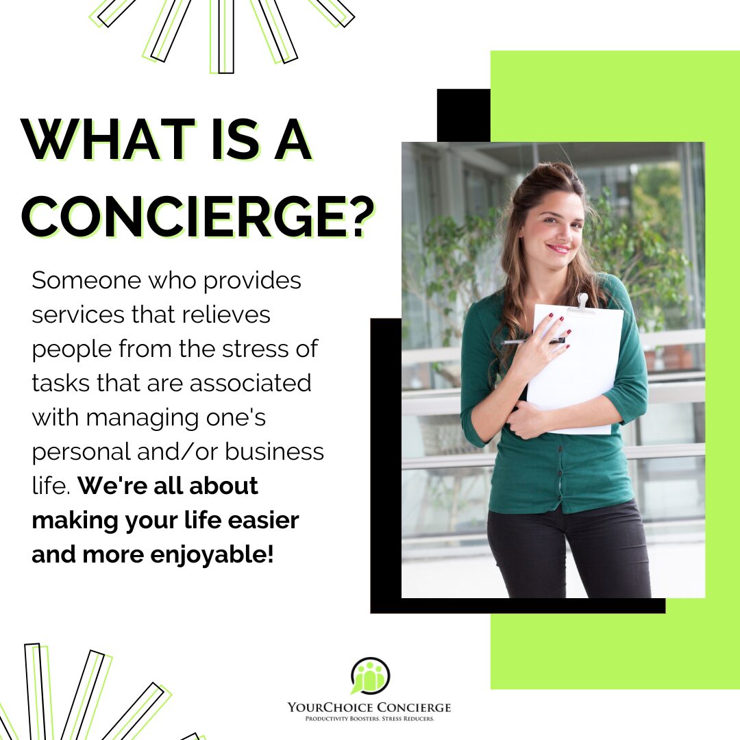 Young woman holding a tablet, smiling, standing outdoors near a building with greenery, with text about concierge services.