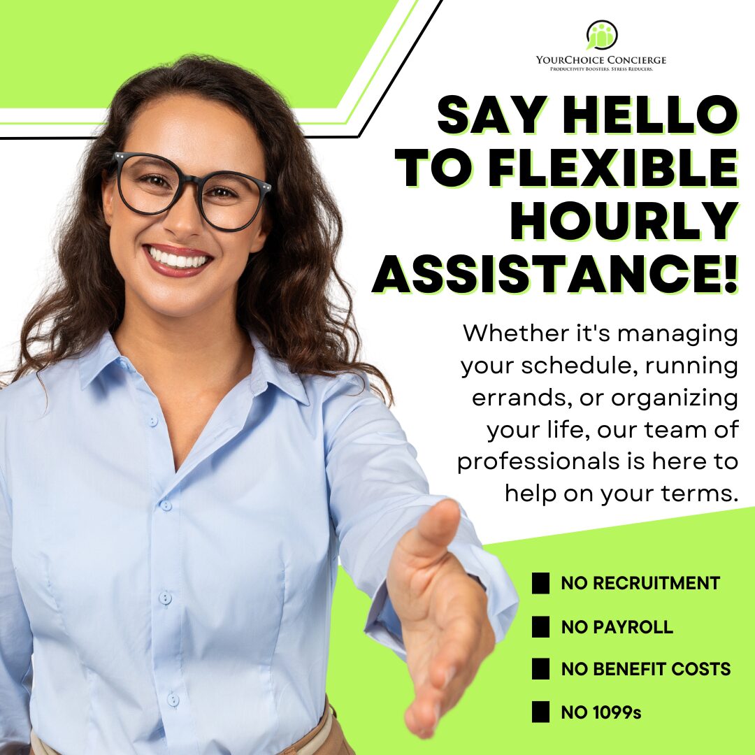 Smiling woman with glasses extending hand, promotional flyer for flexible hourly assistance, text about services offered.