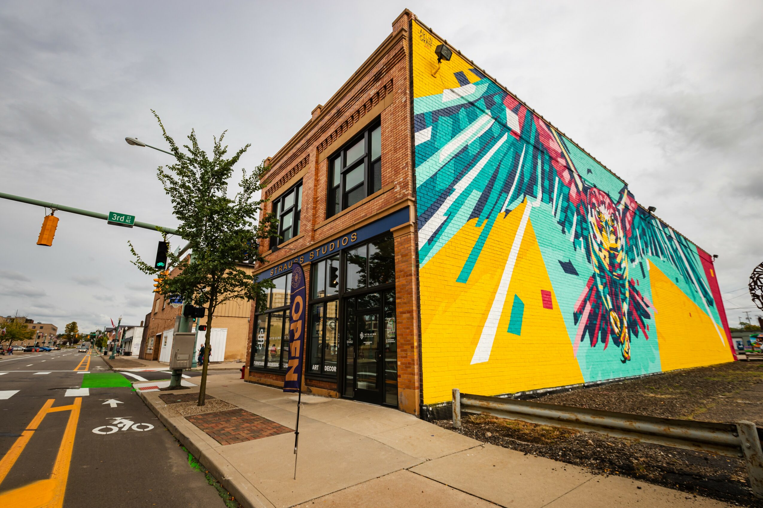 Corner building with colorful mural, sidewalk, tree, and street with bike lane, under cloudy sky.