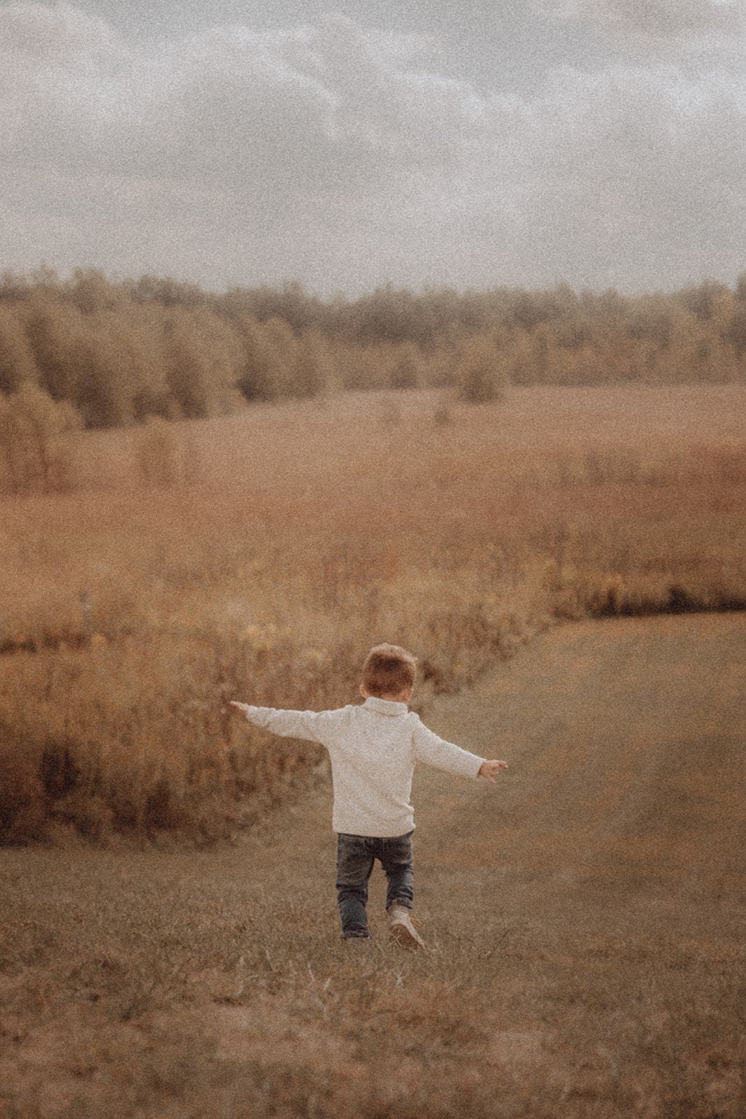 Child standing on a path with arms outstretched in a rural landscape, cloudy sky above.