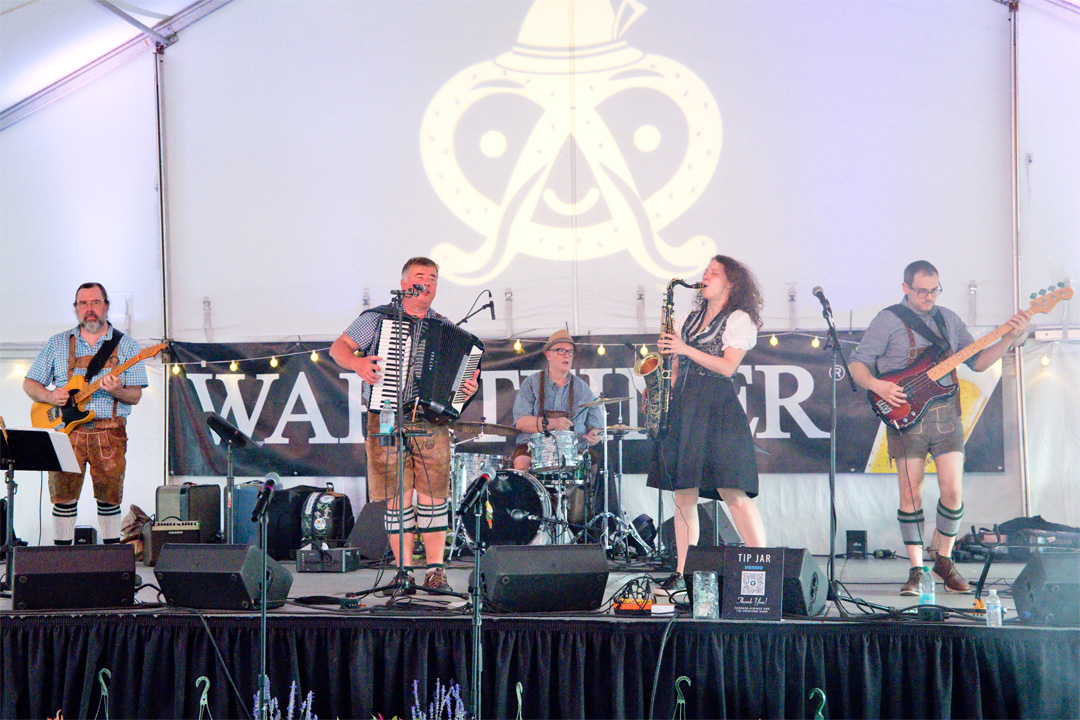 Band performing on stage with five members, including a drummer, two guitarists, an accordion player, and a singer, under a tent.