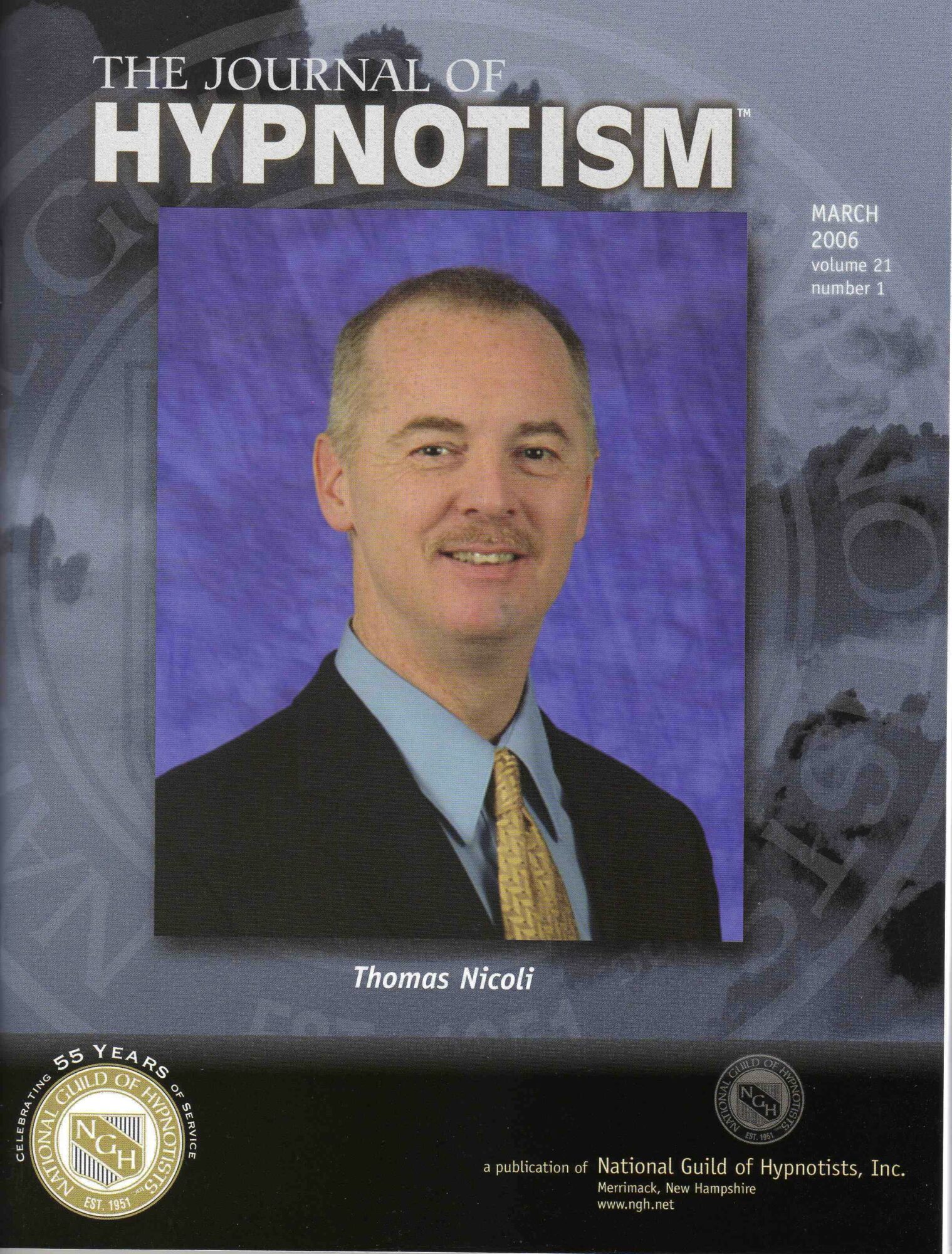 Cover of The Journal of Hypnotism featuring a man in a suit and tie, with a purple background, March 2006 issue.