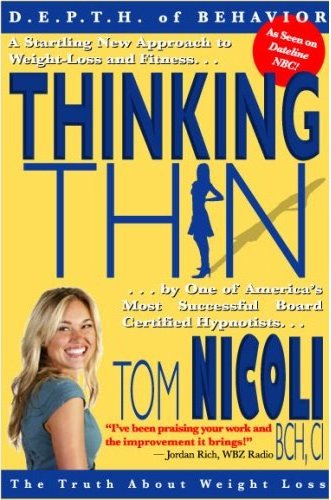 Book cover titled 'Thinking Thin' by Tom Nicoli, featuring a smiling woman and a silhouette of a person walking, with text about weight loss.