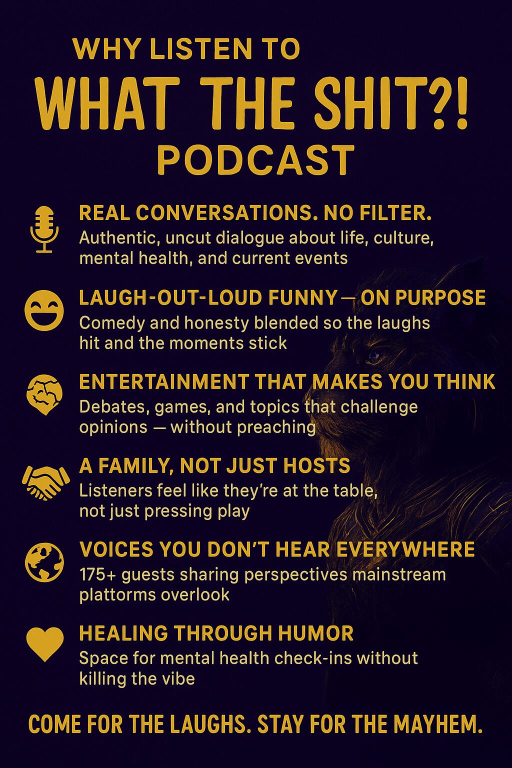Podcast cover with bold yellow and purple text, listing topics like conversations, humor, debates, and mental health.