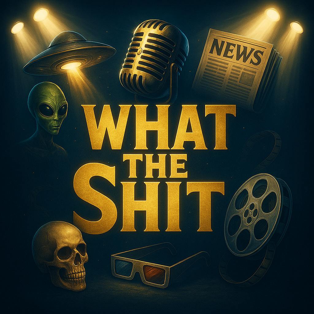 Dark background with alien, skull, microphone, newspaper, film reel, sunglasses, and UFO, with bold yellow text reading 'WHAT THE SHIT'.