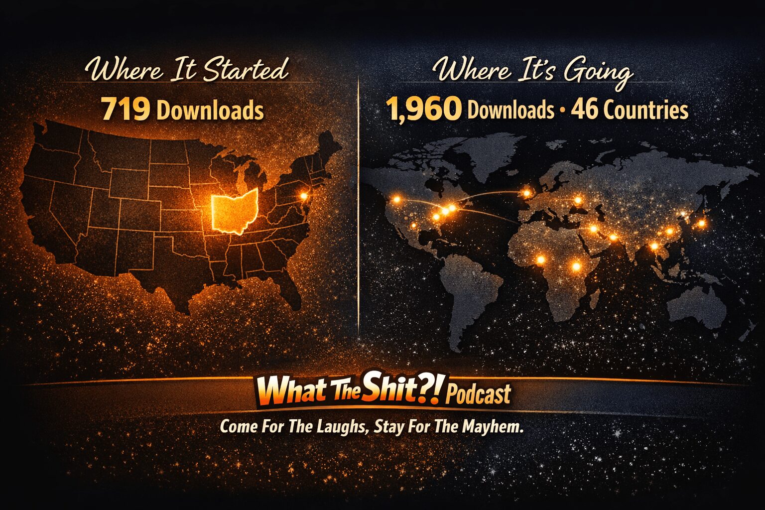 Map of the United States with highlighted state, text about downloads and countries, podcast title, and tagline.