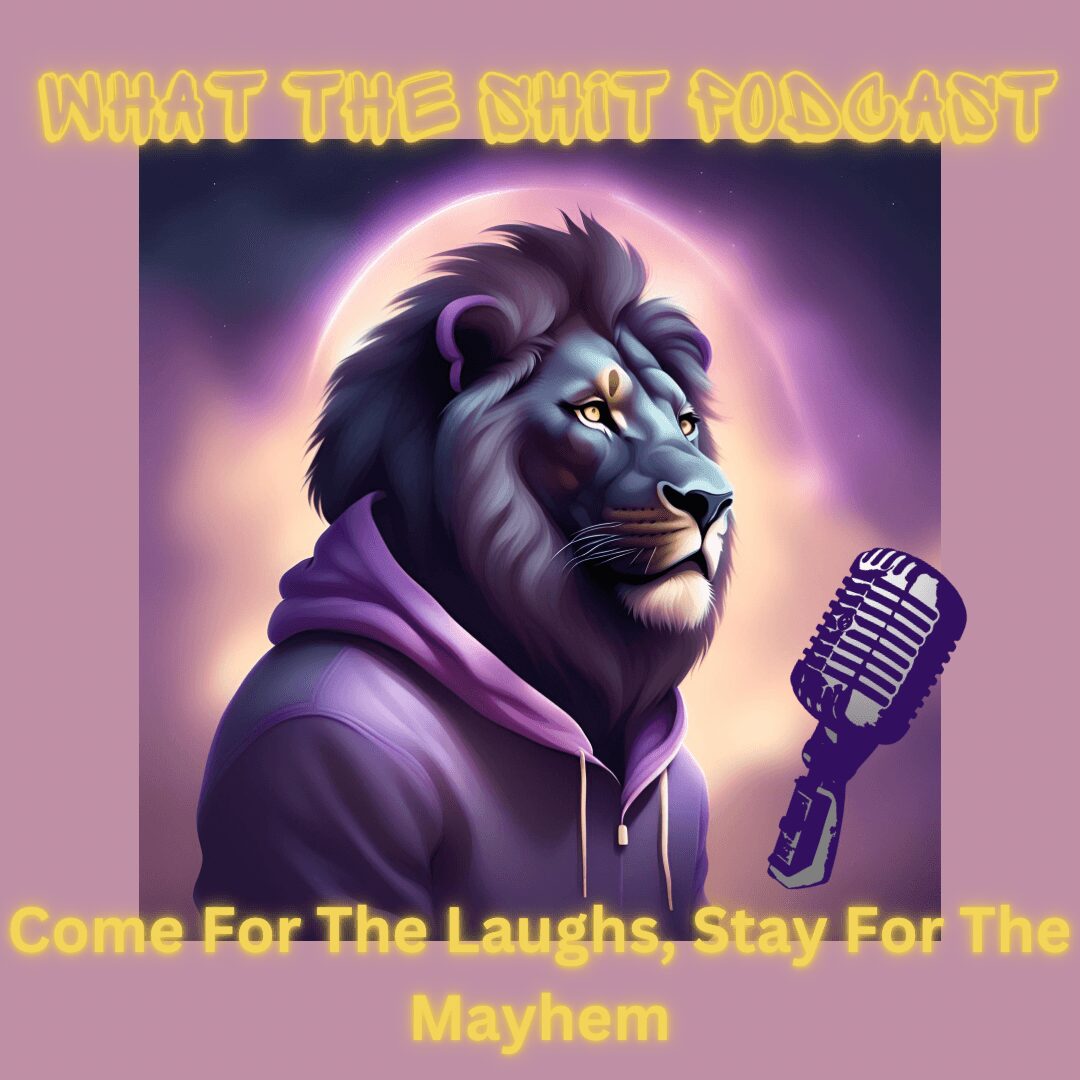 A lion with a hoodie, microphone, and glowing background, with yellow text at top and bottom. The image promotes a podcast.