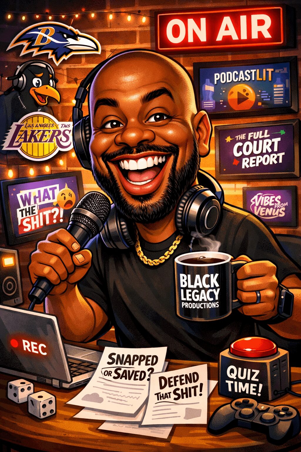 Smiling man with headphones holding a mug labeled 'Black Legacy Productions' in a radio studio with sports and podcast logos, microphones, and papers.