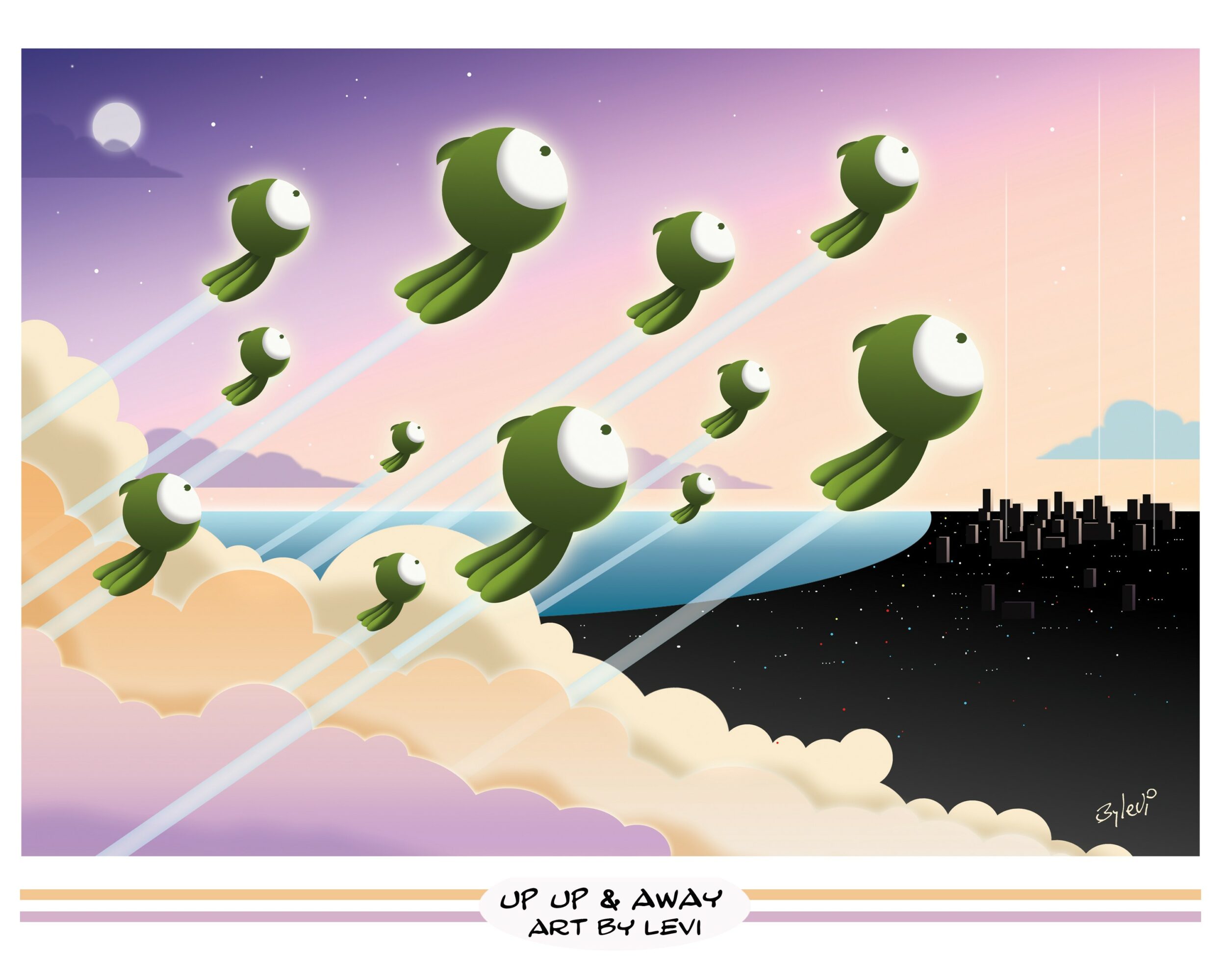 Green fish with large eyes flying through a colorful sky with clouds and a city silhouette in the background.