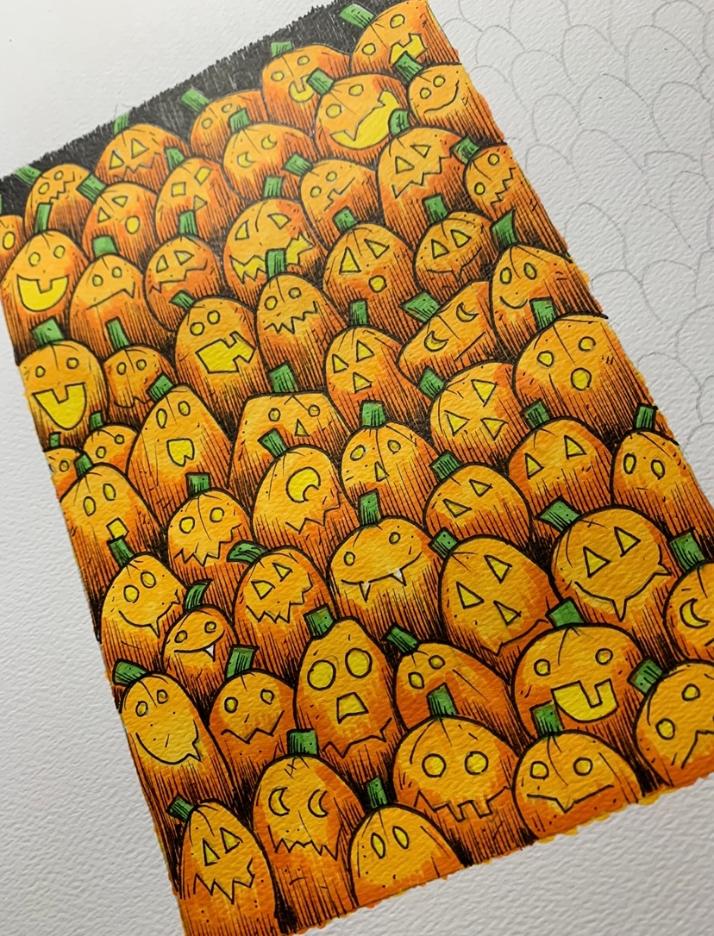 Pattern of orange pumpkins with various carved faces, on a black background, with a white textured area at the top right.