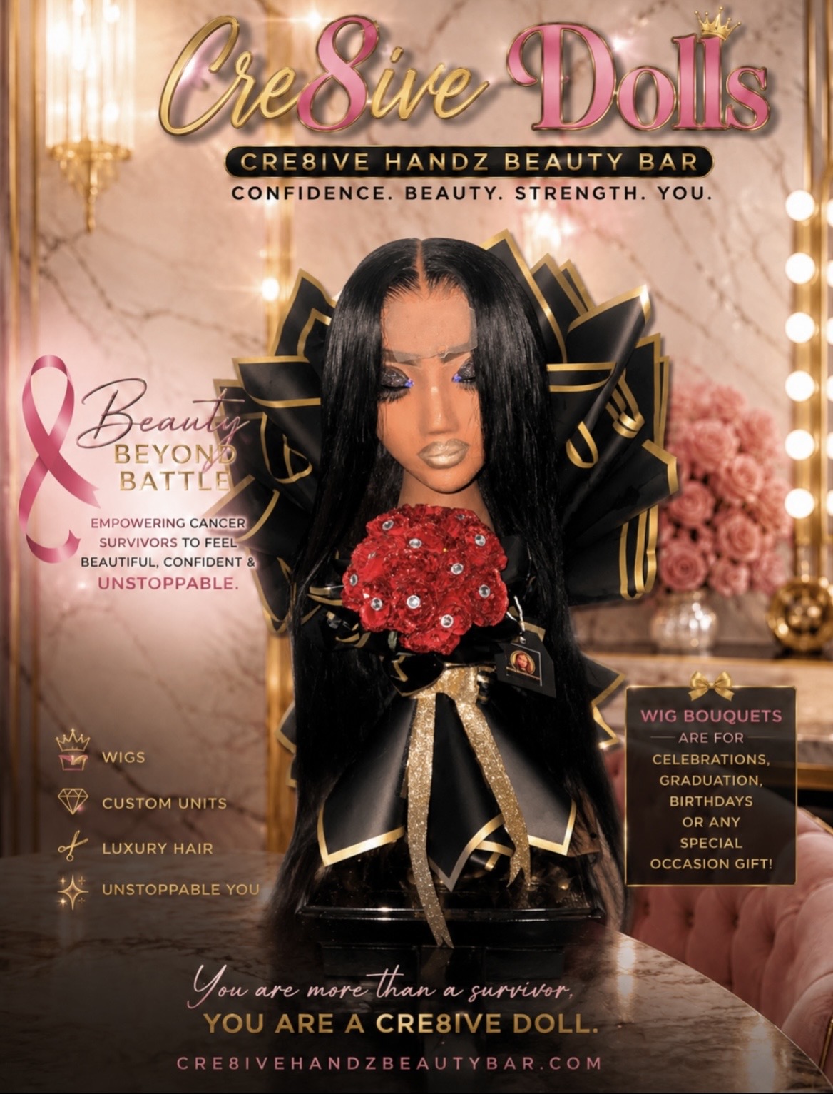 Doll with long black hair holding a red bouquet, standing in a decorated room with pink and gold accents.