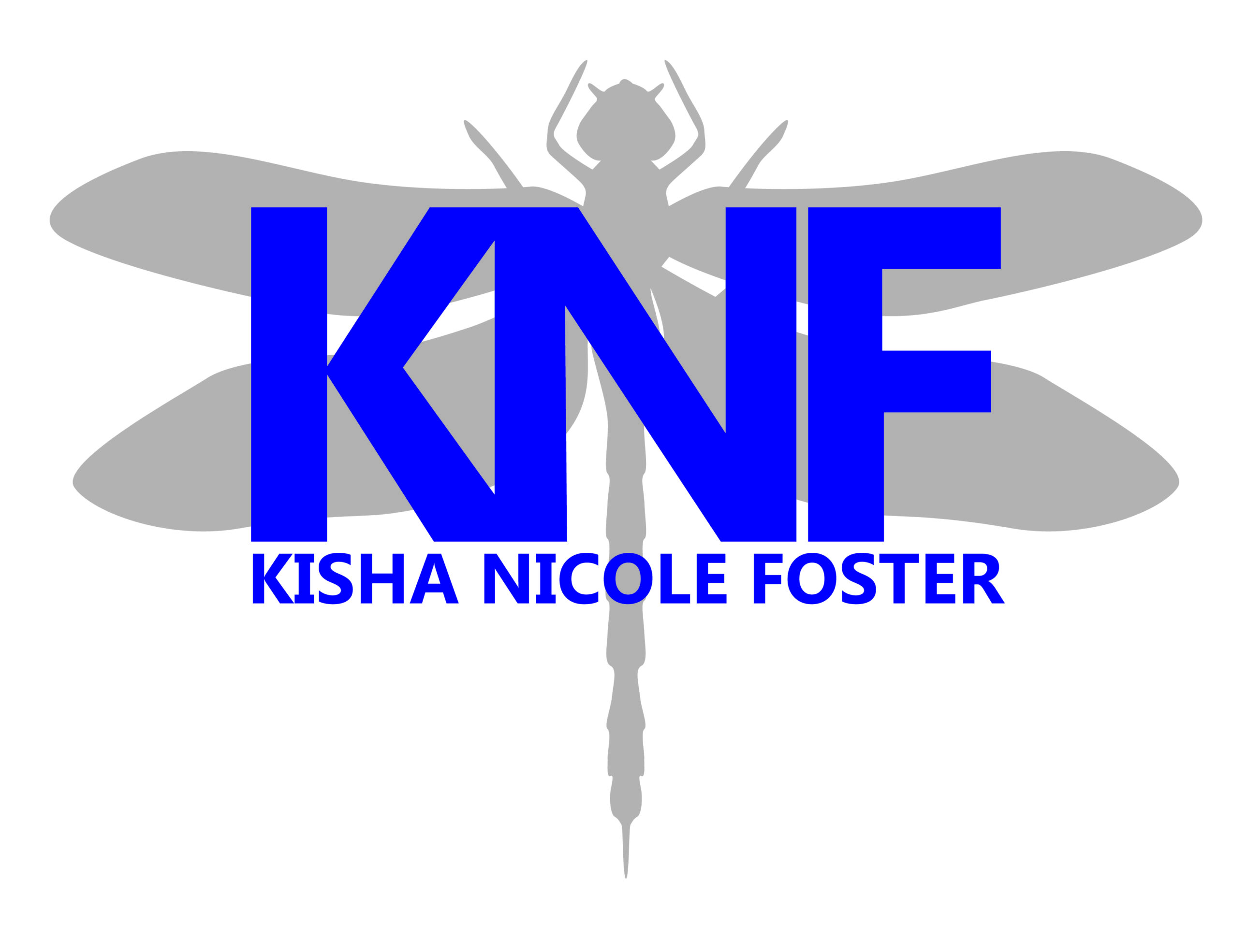 Logo with large blue letters 'KNF' and smaller text 'Kisha Nicole Foster' beneath, over a gray insect silhouette.