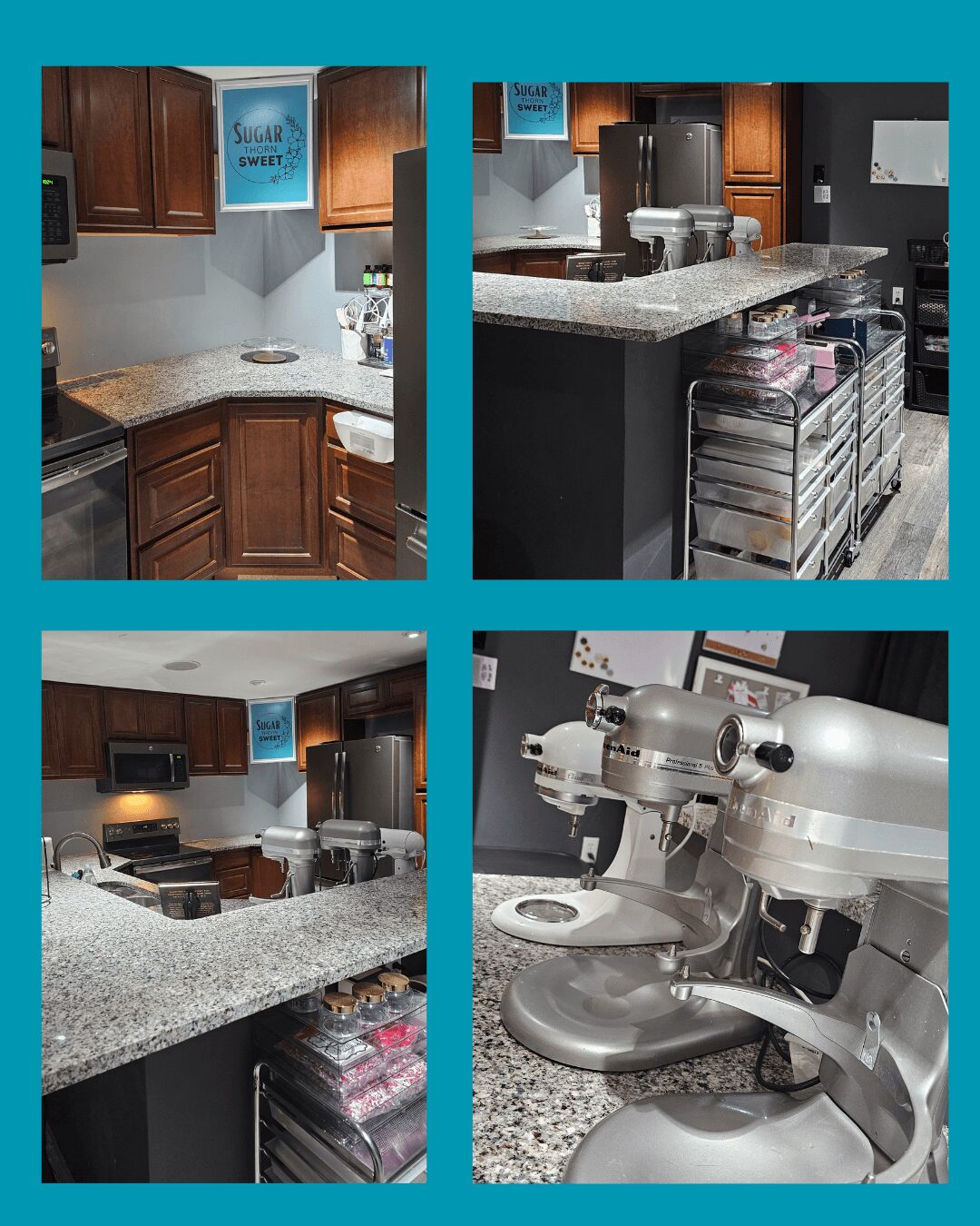 Kitchen with wooden cabinets, granite countertops, and a commercial mixer on the counter, four images showing different angles.