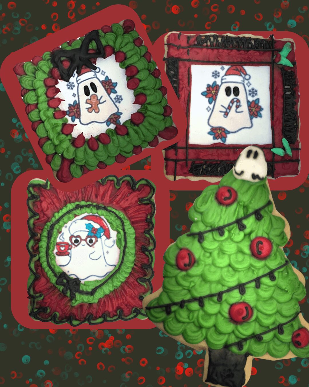 Four Christmas-themed decorated items: two framed pictures of snowmen, a decorated snowman, and a Christmas tree with red ornaments.