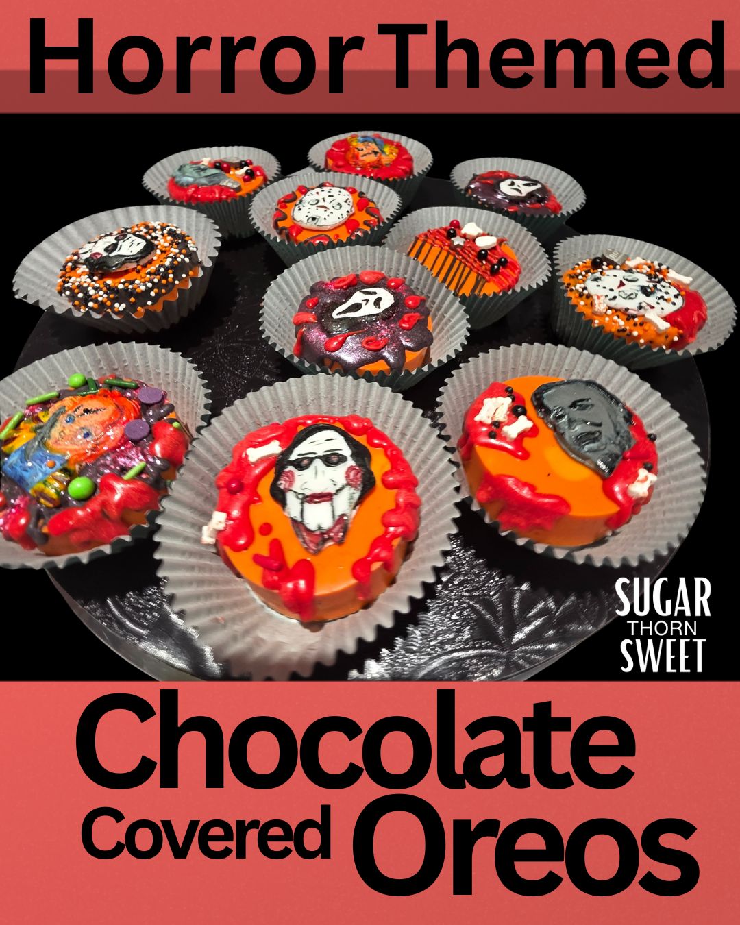 Assorted horror-themed chocolate-covered Oreos in cupcake liners, with spooky decorations and characters, on a black surface.