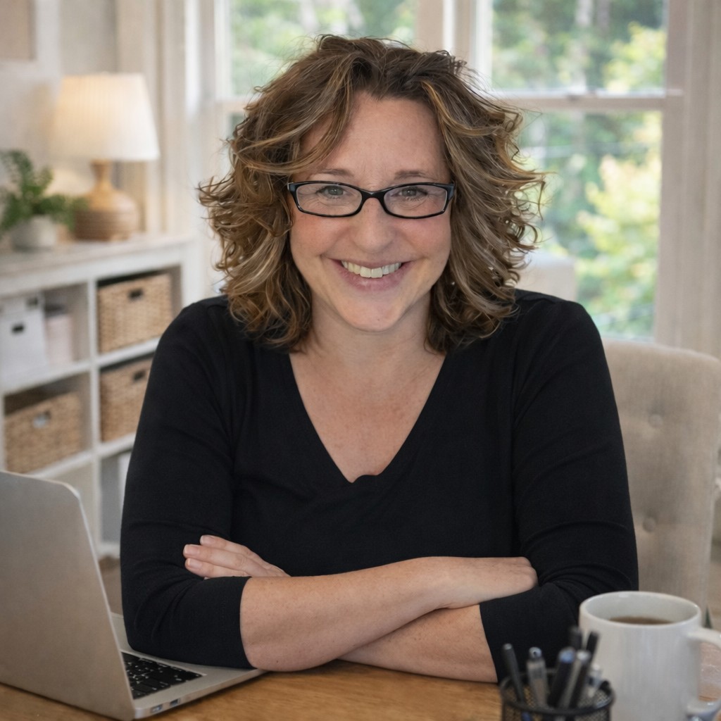 Woman with curly hair and glasses smiling at a desk with a laptop and coffee mug.