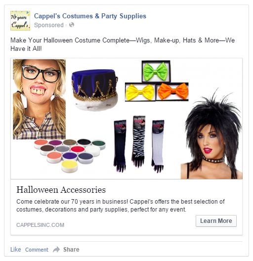 Advertisement for Halloween costumes and accessories, including wigs, makeup, hats, and jewelry, with images of two women and costume items.