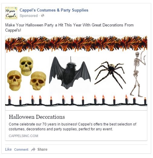 Halloween decorations including skulls, a bat, a spider, a skeleton, candles, and a garland, with promotional text for party supplies.
