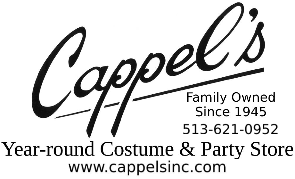 Logo with text: Cappel's, family owned since 1945, phone number, website, and description of costume and party store.