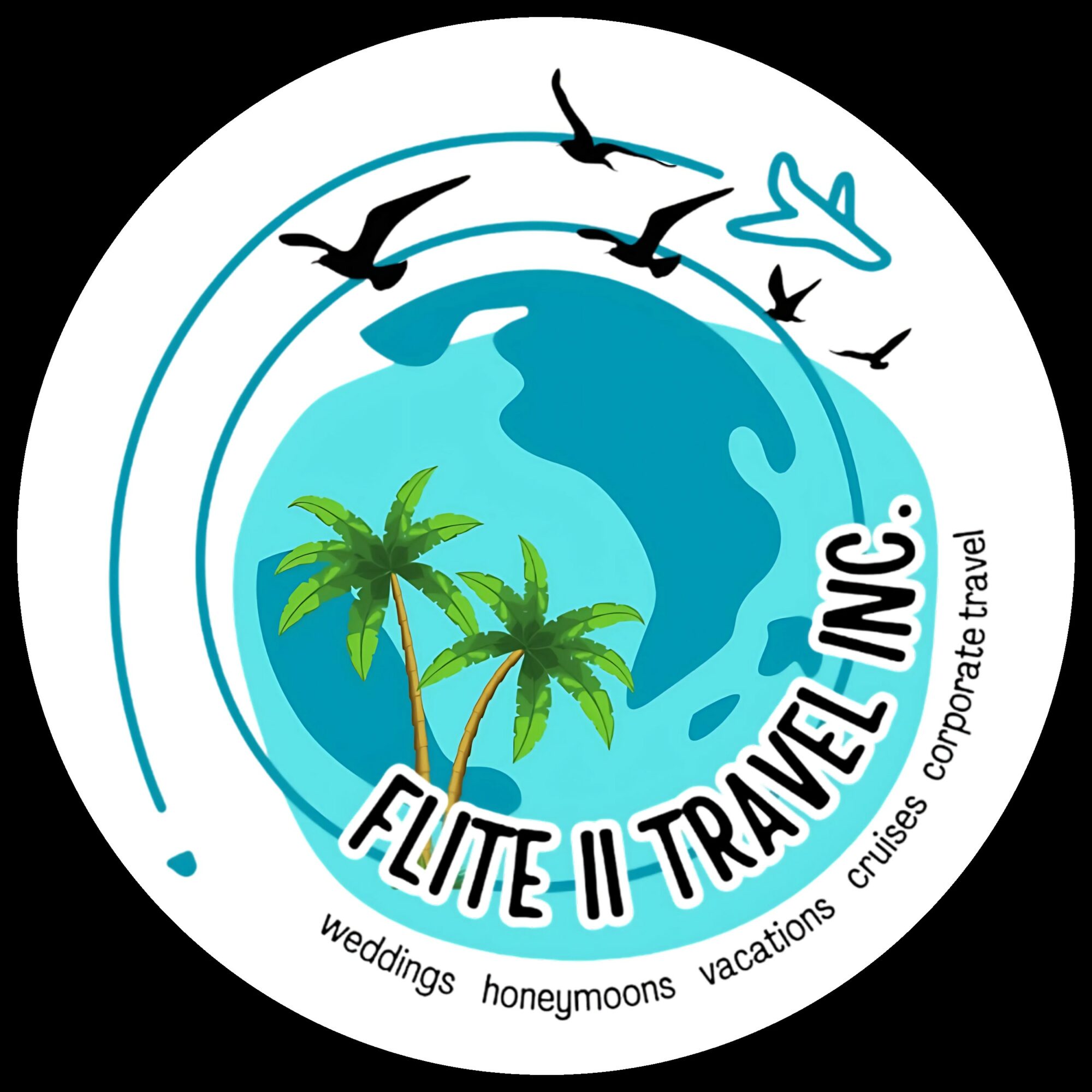 Logo with a globe, palm trees, birds, and an airplane, representing travel services by Flite II Travel Inc.