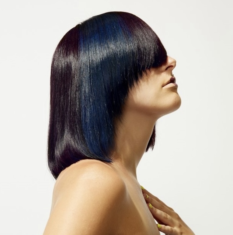 Side profile of a woman with straight, shiny black hair with blue highlights, against a plain white background.