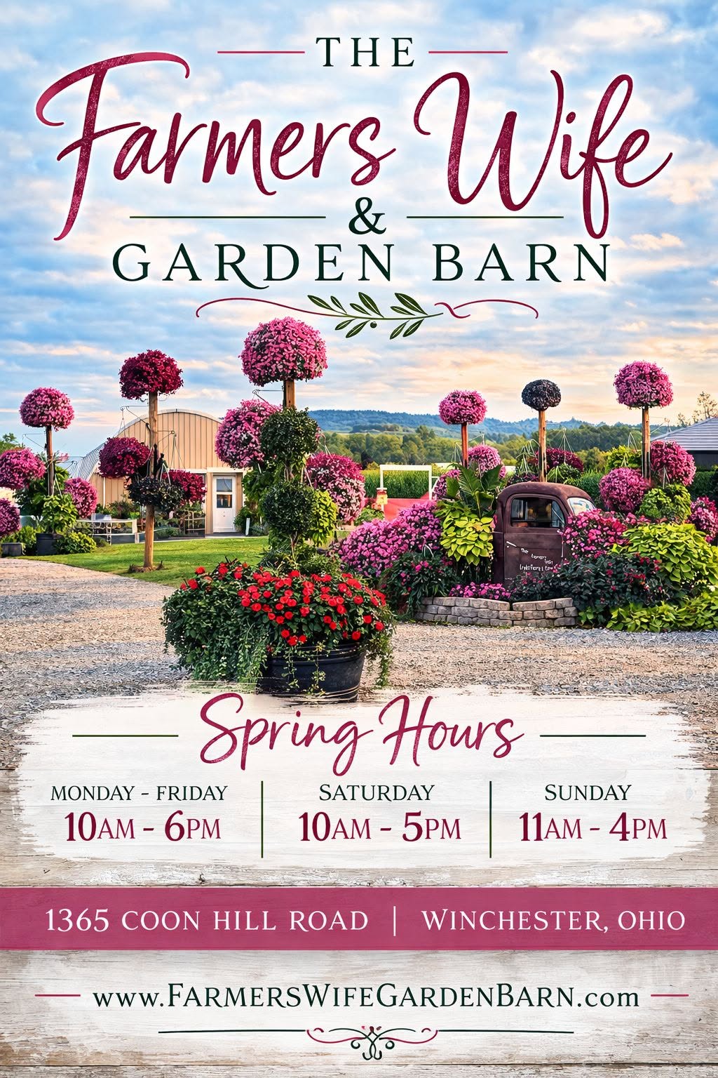 Garden with pink and purple flowers, trees, and a building in the background, advertising a farm and garden shop with spring hours.