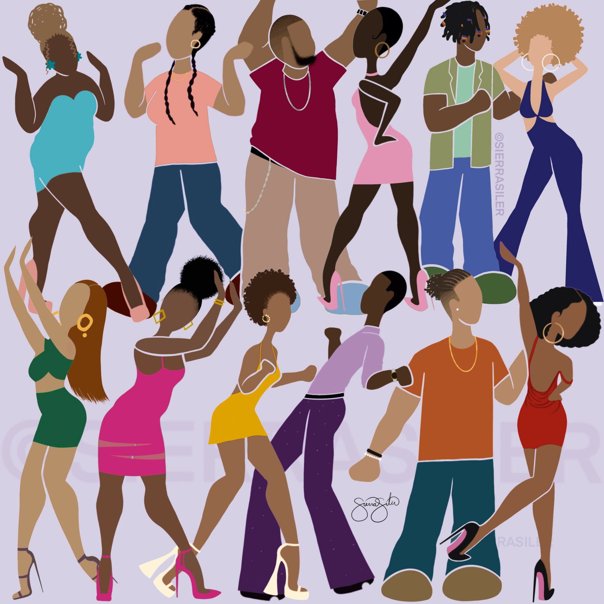 Group of diverse people dancing and celebrating together, some holding drinks, in colorful casual clothing, with a lively atmosphere.