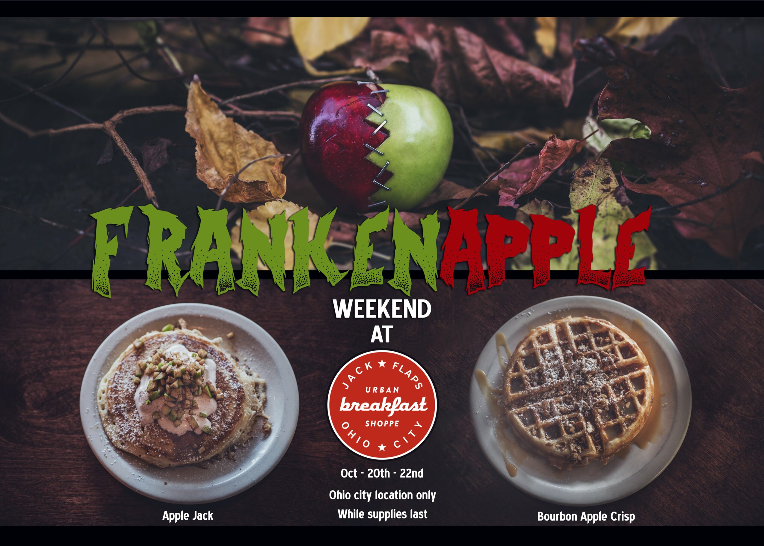 Two plates of breakfast food on a dark background with fallen leaves, with text about a weekend event and apple images.