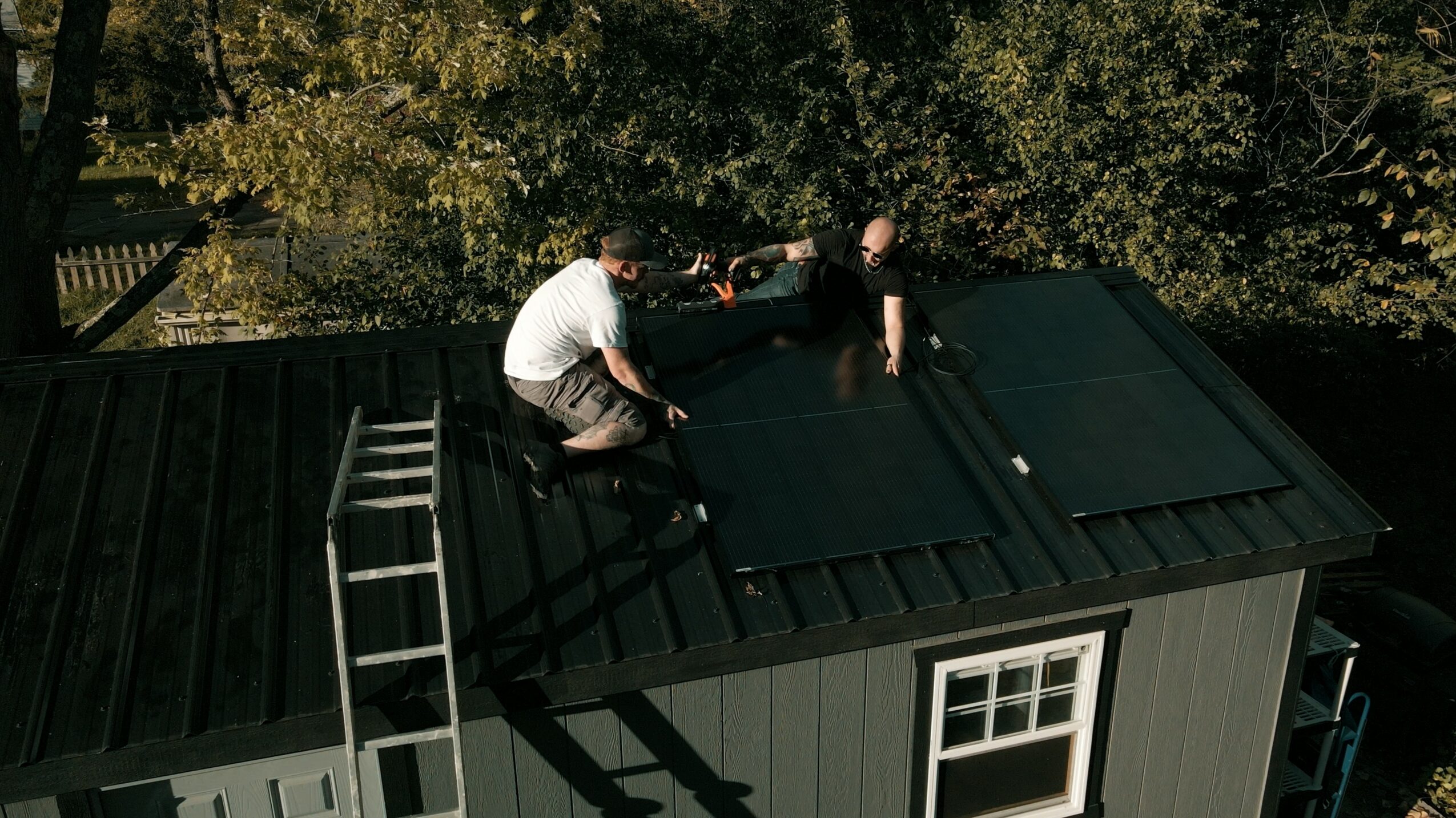 Two people working on a roof with trees in the background, ladder leaning against the building, window visible.
