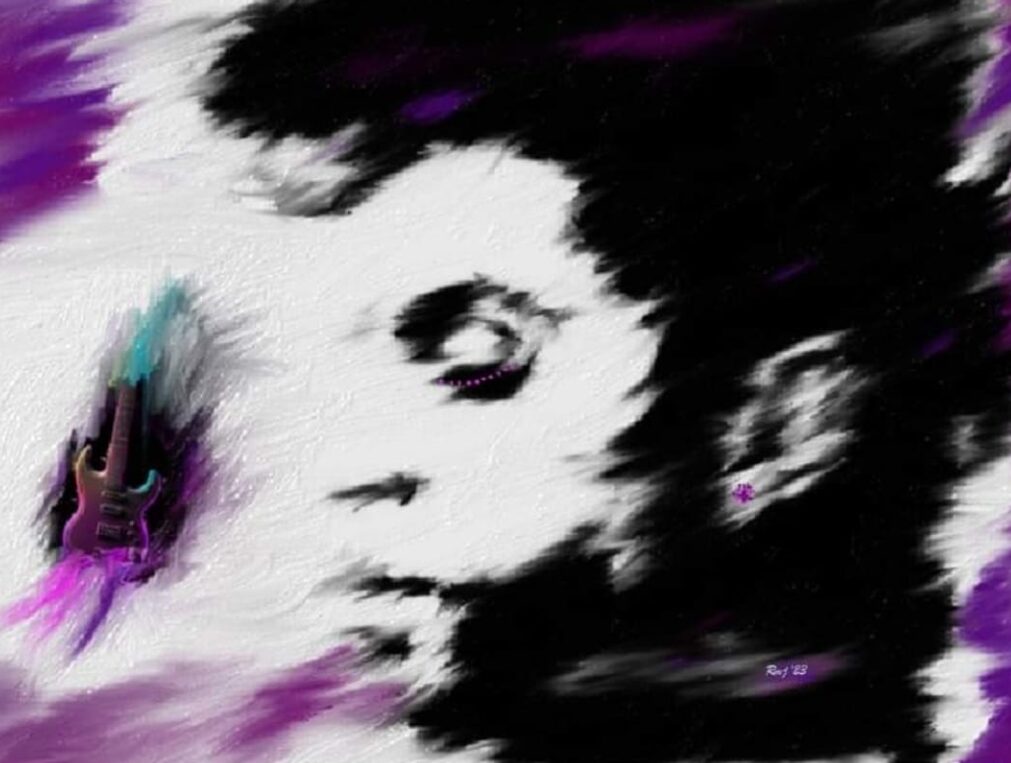Abstract black and white portrait with purple accents, featuring a person's face with blurred features and a hand holding a device.