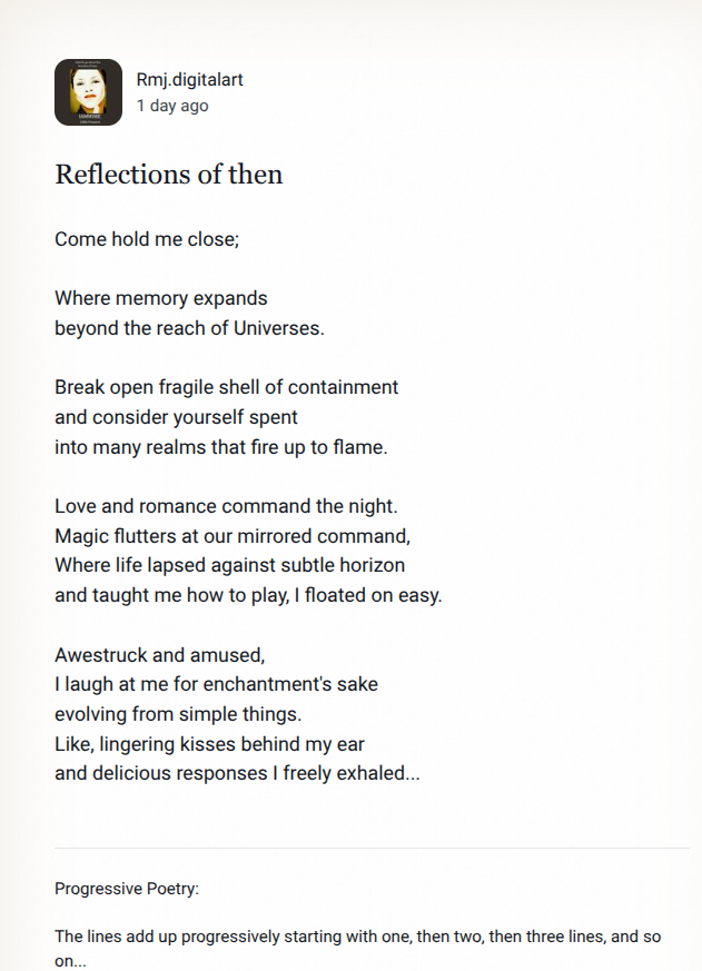 A poem titled 'Reflections of then' with lines about memory, love, and enchantment, displayed on a white background.