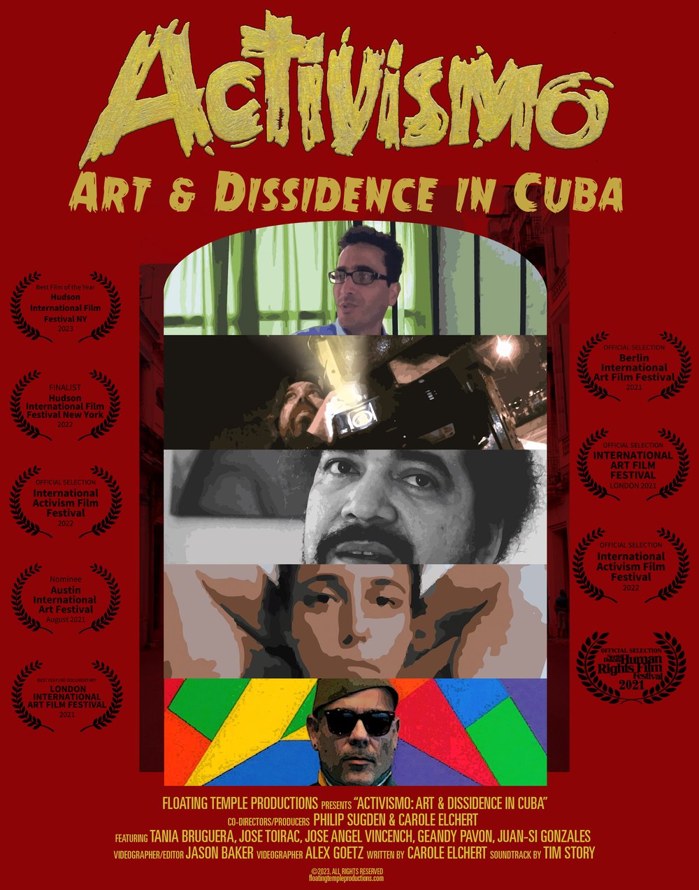 Book cover titled 'Activismo: Art & Dissidence in Cuba' with images of people and protest scenes, red background, yellow and black text.