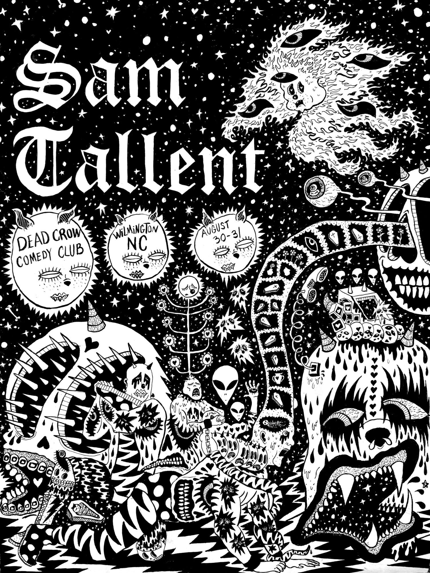 Black and white illustration with text 'Sam Tallent' and various fantastical creatures and patterns.