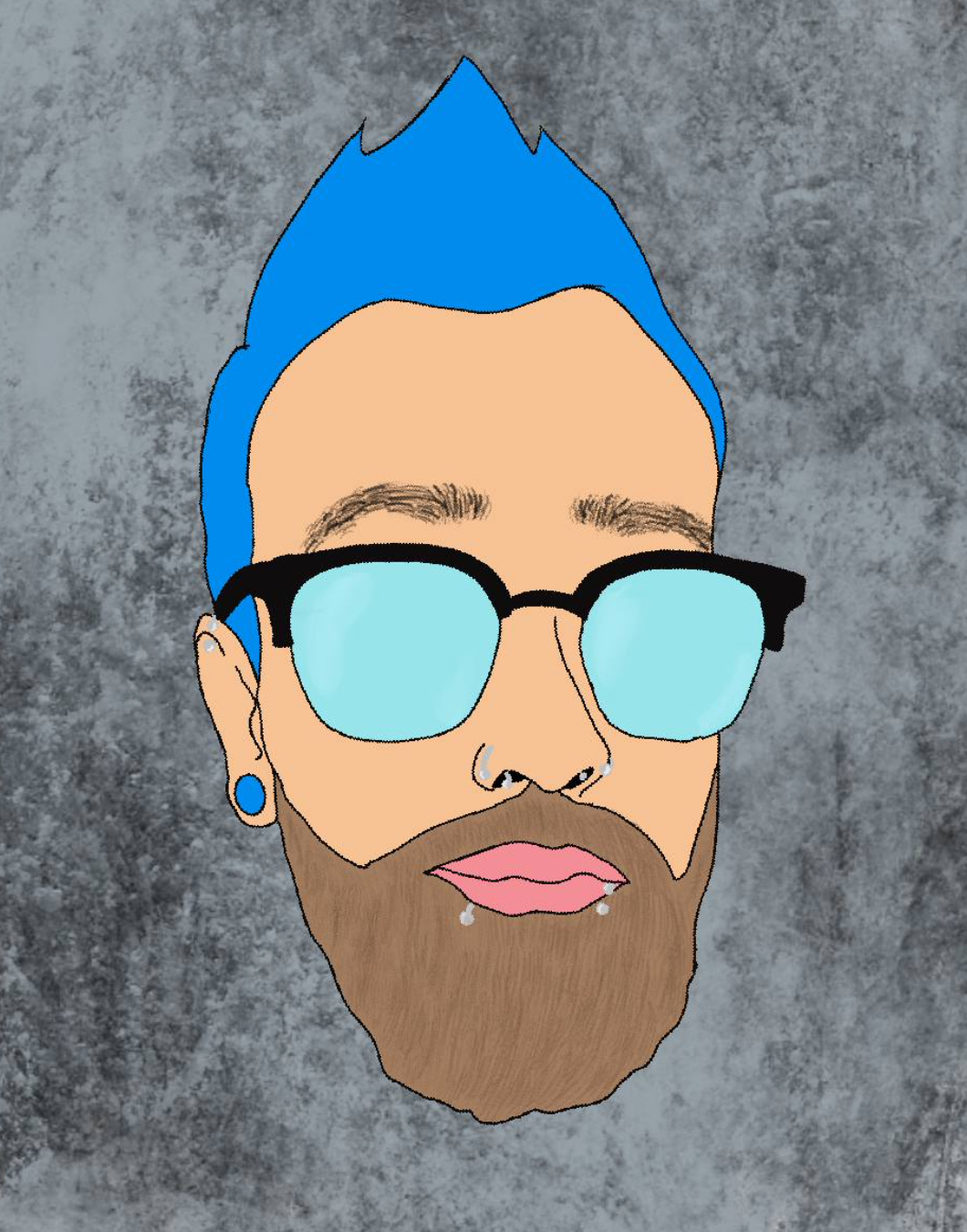 Illustration of a person with blue hair, sunglasses, a beard, and an earring against a gray background.